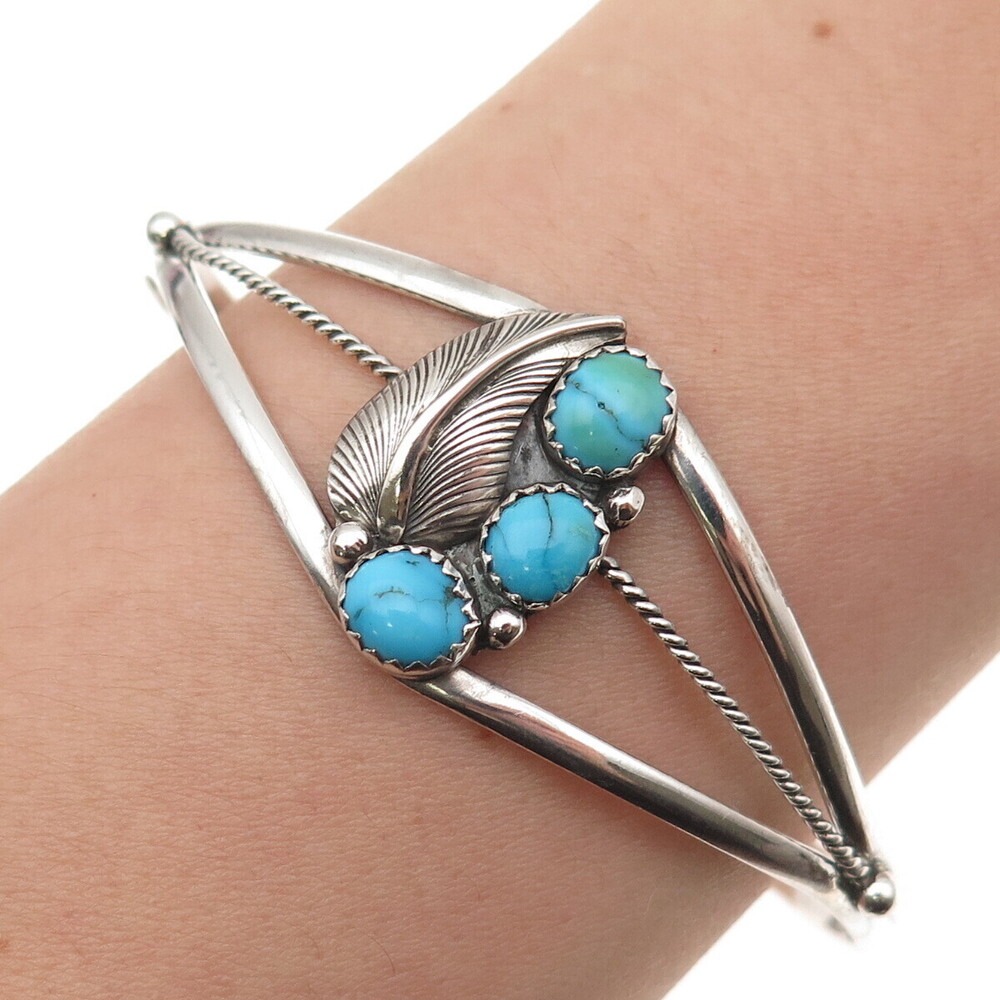 Old Pawn 925 Sterling Silver Vintage Turquoise Feather Adjustable Bracelet 7"